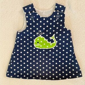 Lolly Wolly Doodle Navy Polka Dot Dress with Lime Whale Applique
